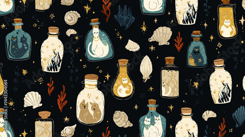 Potion alchemy pattern, Halloween magic bottles with cats and shells, occult background   -  