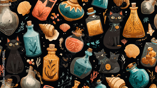 Potion alchemy pattern, Halloween magic bottles with cats and shells, occult background   -  