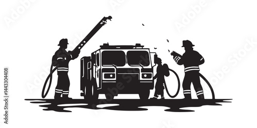 Firefighters in Action: A dramatic silhouette of firefighters courageously battling a blaze, with the fire truck as the focal point of this high-contrast visual.