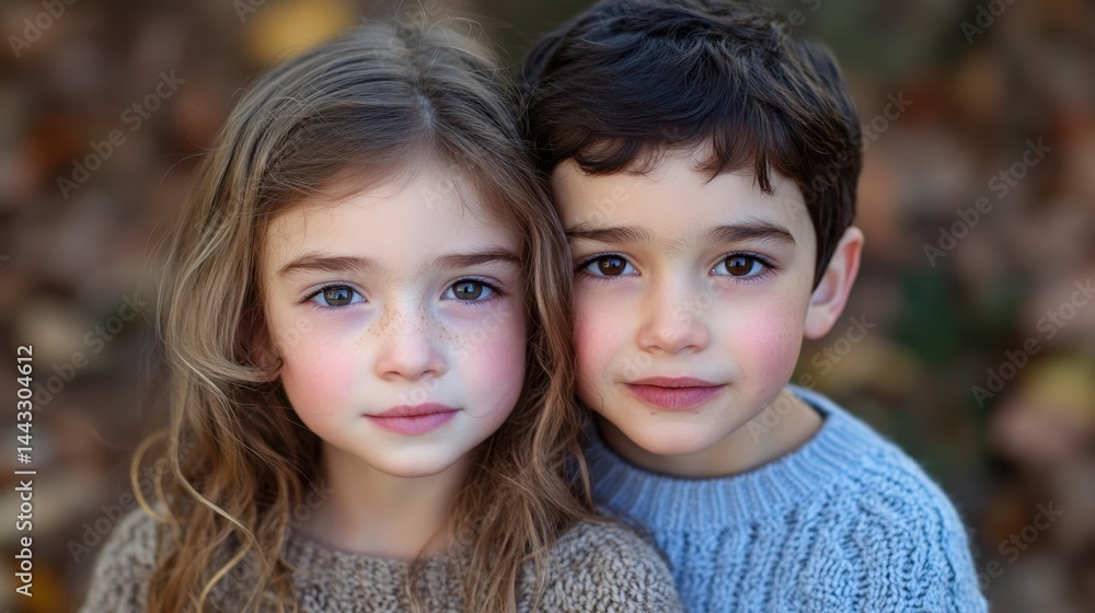 Close up portrait of a girl and boy with brown hair and eyes in a sweater with a blurred background capturing childhood innocence and sibling love in a natural light setting Close up portrait of a girl and boy with brown hair and eyes in a sweater with a blurred background capturing childhood innocence and sibling love in a natural light setting