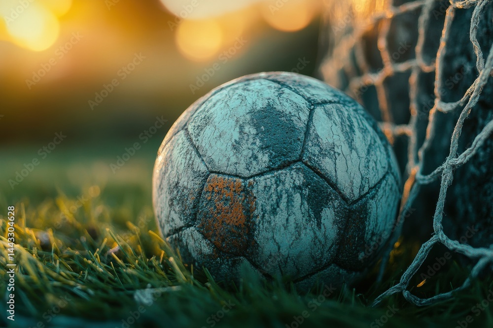 Fototapeta premium A weathered soccer ball sits in the goal, illuminated by the warm glow of sunset, evoking a sense of nostalgia.