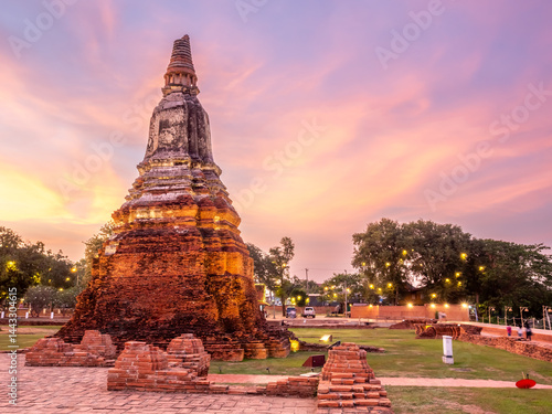Wat Chaiwatthanaram, one of the part of UNESCO World Heritage place in Ayudhaya, Thailand, stupa, pagoda, ancient buildings under twilight evening sky
