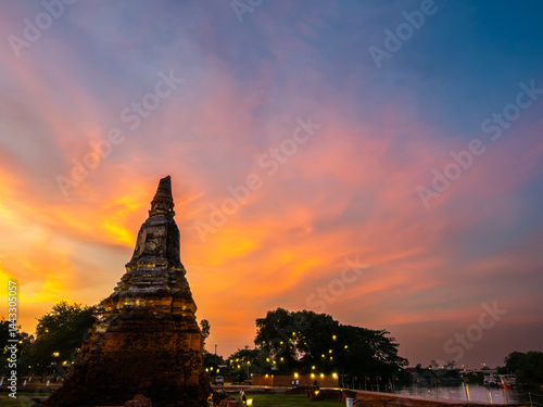 Wat Chaiwatthanaram, one of the part of UNESCO World Heritage place in Ayudhaya, Thailand, stupa, pagoda, ancient buildings under twilight evening sky