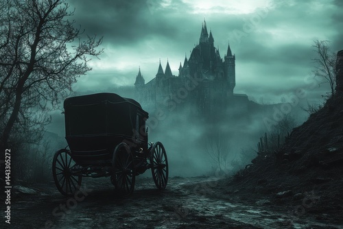 The hansom carriage rolls through mist, nearing the foreboding gates of Draculas vampire castle