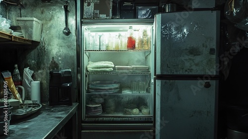 Old Refrigerator in a Messy Kitchen
