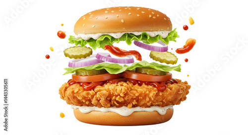 Crispy Chicken Burger isolated on transparent background, Tasty Fast Food Zinger burger PNG image, Crispy Chicken Burger with Fresh Ingredients and Sauce Splash