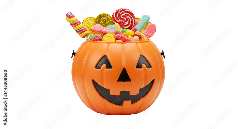 Fototapeta premium trick or treat bucket isolated on transparent background, halloween treat bucket isolated on transparent background, scray pumpkin bucket isolated on transparent background 
