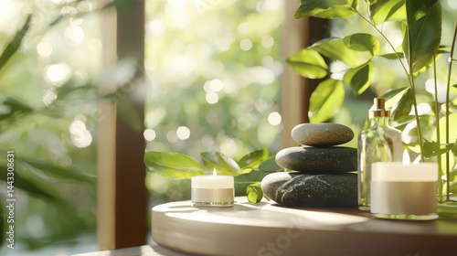 serene spa retreat featuring smooth stones, candles, and essential oil bottles surrounded by lush greenery, creating calming atmosphere