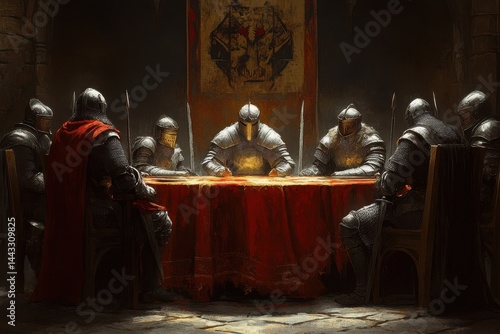 Legendary King Arthur leads the knights of the round table in a council of unity