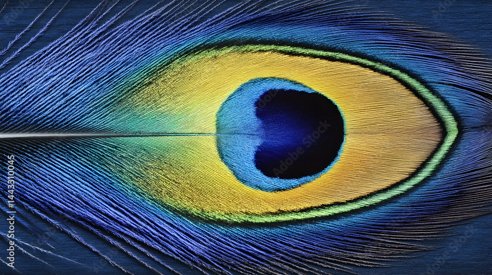 Fototapeta premium Stunning close-up of a vibrant peacock feather, showcasing intricate details and iridescent colors. Perfect for designs, backgrounds, or nature-themed projects.