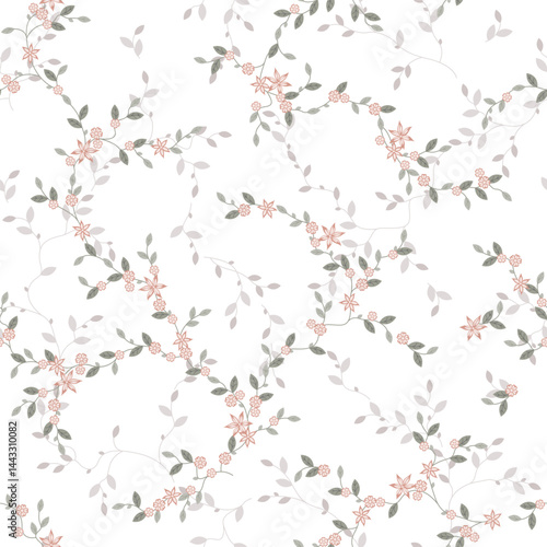 seamless pattern of flowers, branches and leaves