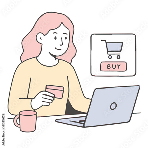 Flat cartoon woman shopping online with laptop and credit card, pastel style e-commerce concept. Vector isolated design on white background.