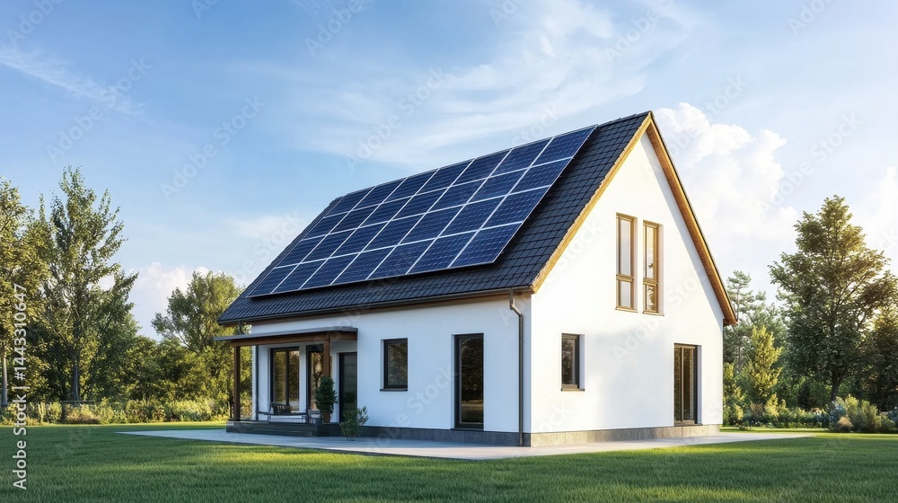 Fototapeta premium Modern House with Solar Panels Surrounded by Green Nature