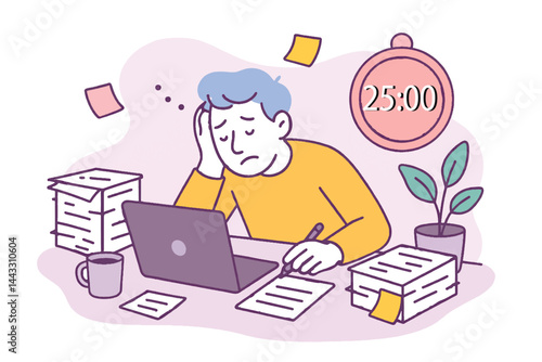 Flat cartoon man overwhelmed by tasks, sitting at a messy desk with a Pomodoro timer showing 25:00. Minimal pastel illustration of focus and productivity. Vector isolated design on white background.