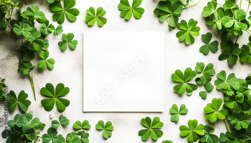 Frame of clover leaves and blank card on light table, flat lay with space for text. St. Patrick's Day celebration