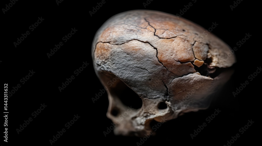 Ancient human skull, showing signs of age and possible trauma. Detailed close-up view of a cranial vault Ancient human skull, showing signs of age and possible trauma. Detailed close-up view of a cranial vault