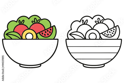 Stylized bowls of vibrant salad and fruits sit next to outline bowl isolated