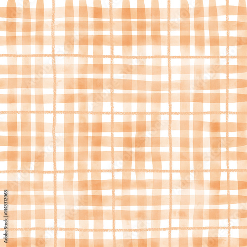 Orange Plaid Gingham Check Hand Drawn Background Pattern Overlay