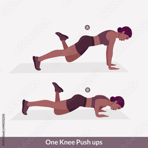 One Knee Push ups exercise, Women workout fitness, aerobic and exercises. Vector Illustration