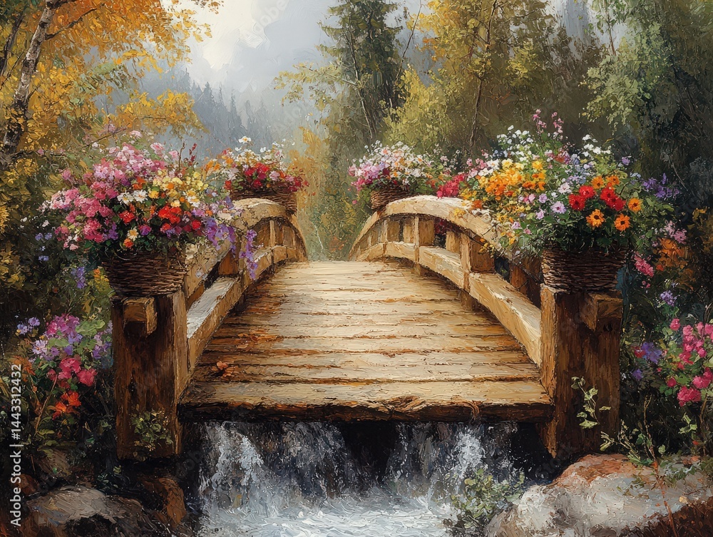 Obraz premium A charming wooden bridge is filled with vibrant flower baskets on both sides showcasing wildflowers and daisies that celebrate natures beauty perfect for family gatherings or romantic moments