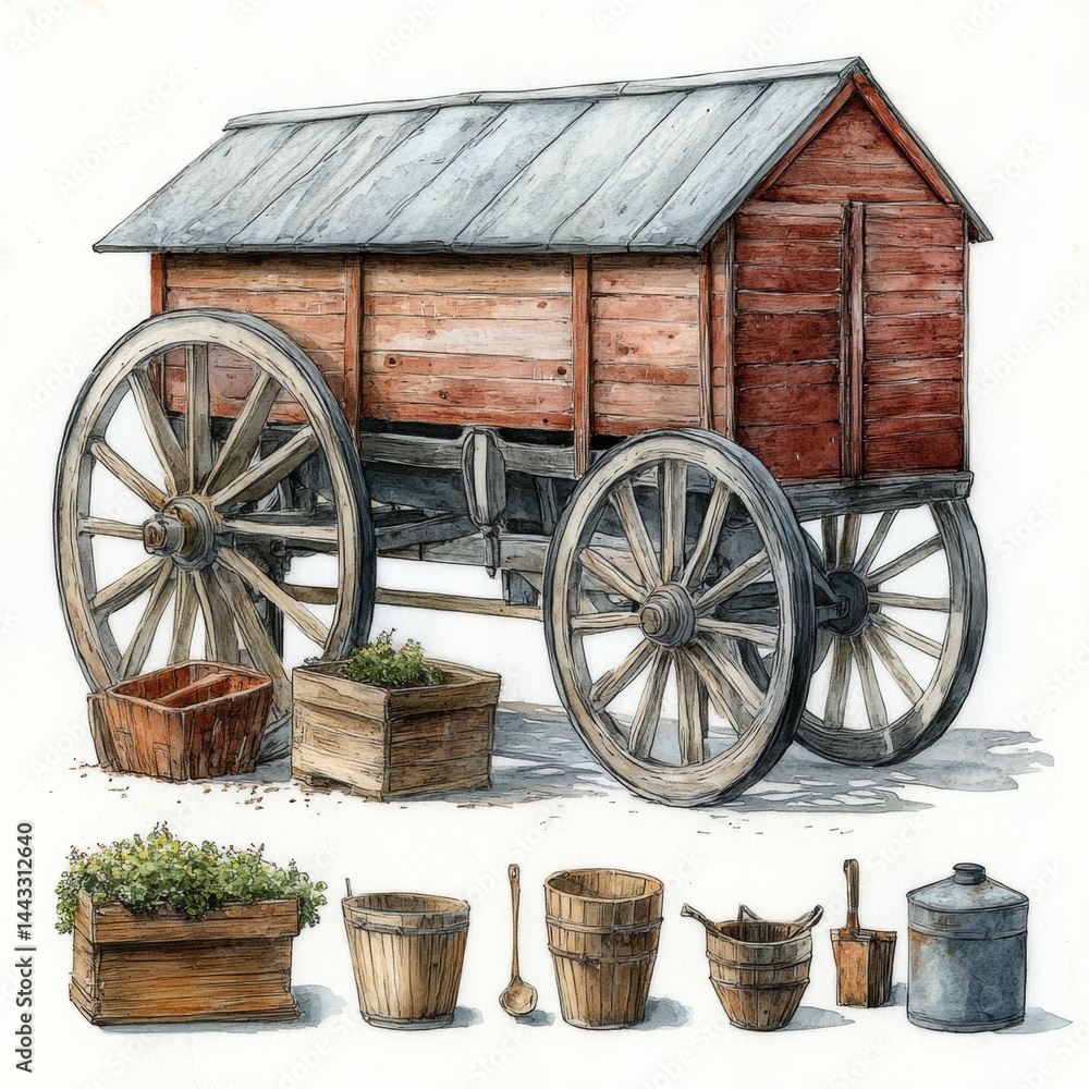 Obraz premium Harvesting Equipment Transport Rustic Farm , Watercolor Style isolate on white background