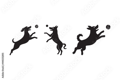 Playful Dogs Catching Balls Silhouette Vector Fun Pet Clipart Illustration