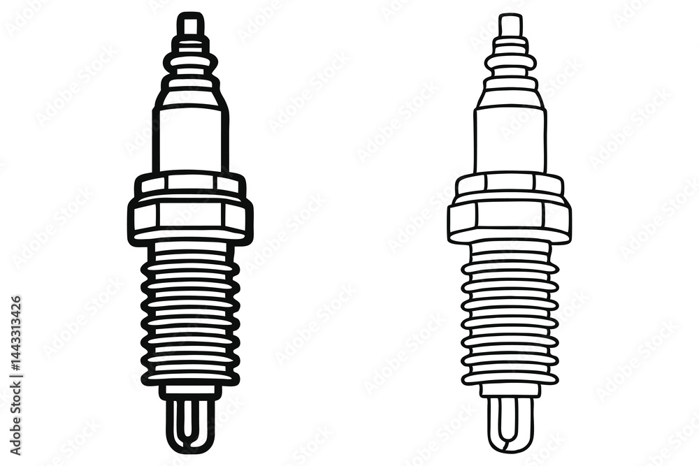 Two monochrome spark plugs sit side by side over the white background Two monochrome spark plugs sit side by side over the white background