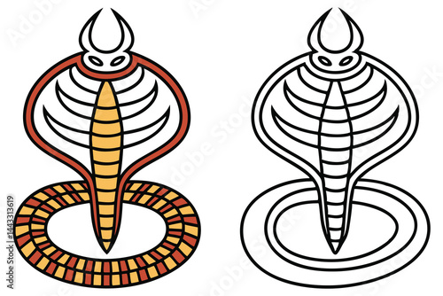 Two simple cobra snake line drawings, one with color and one in black
