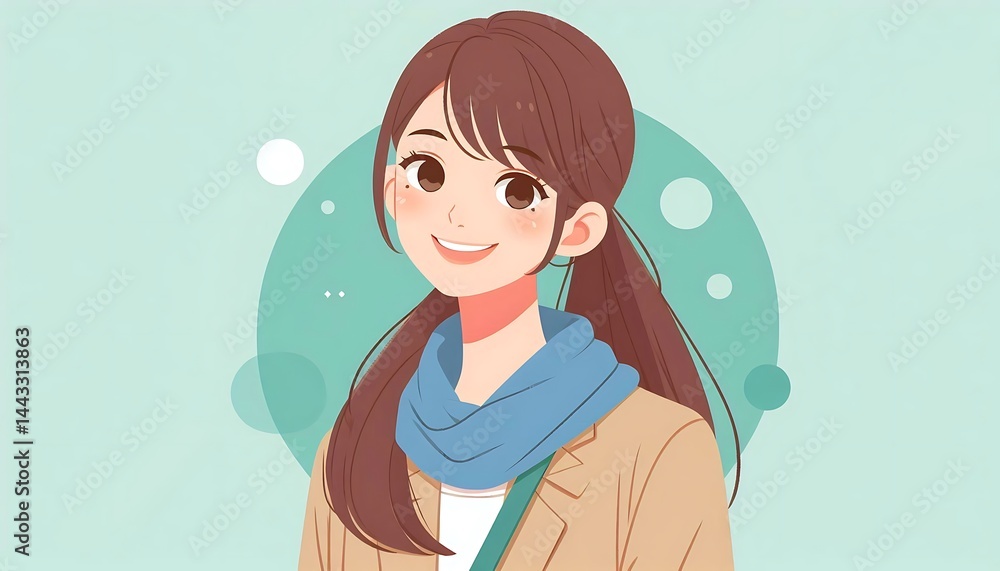 Cheerful Cartoon Woman with Ponytails & Scarf - Illustration Cheerful Cartoon Woman with Ponytails & Scarf - Illustration