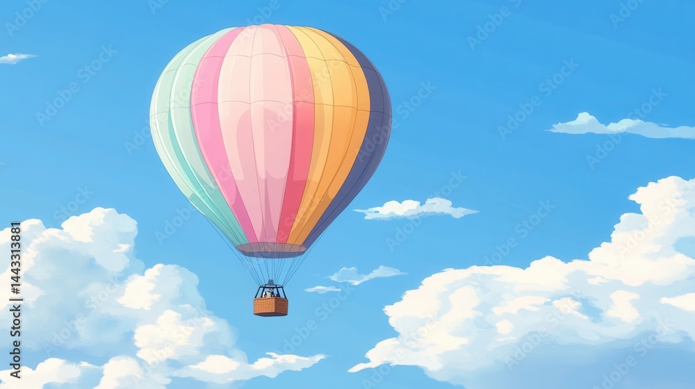 Pastel hot air balloon soaring in a bright blue sky with fluffy white clouds dreamy scene whimsical illustration adventure and freedom Pastel hot air balloon soaring in a bright blue sky with fluffy white clouds dreamy scene whimsical illustration adventure and freedom