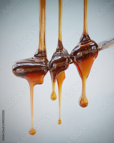 Golden honey dripping in a mesmerizing dance of light and shadow caramel flowing in a viscous stream sweet indulgence and culinary delight caramelization process photo