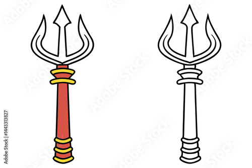Two identical tridents one colored red and yellow; the other is uncolored on white