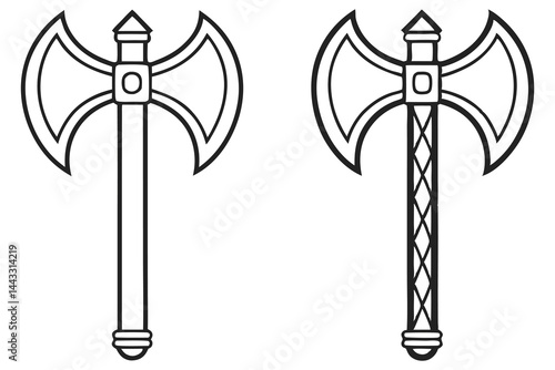 Two formidable double bladed axe weapons are seen with different handle designs in line art
