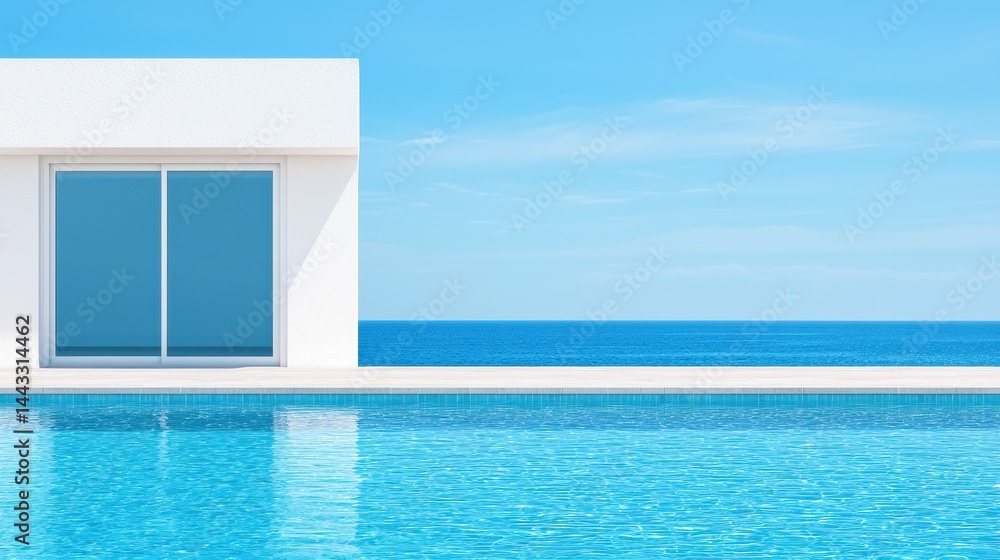 Fototapeta premium Modern Minimalist Poolside View with Clear Blue Sky and Ocean