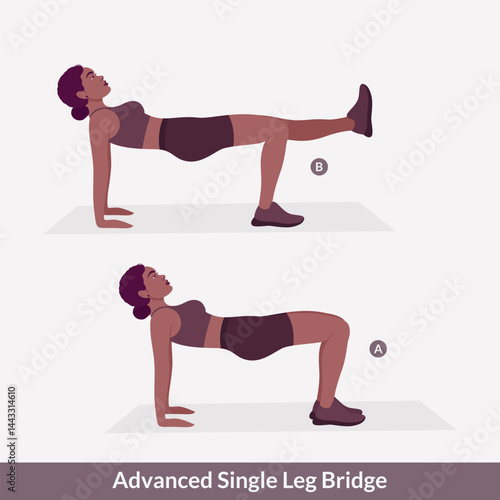 Advanced Single Leg Bridge exercise, Women workout fitness, aerobic and exercises. Vector Illustration