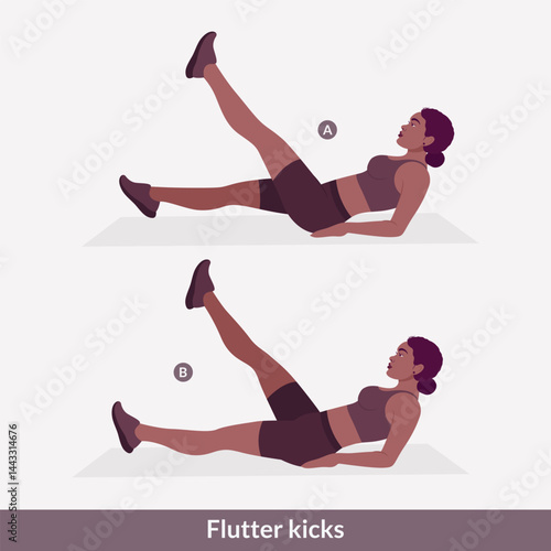 Flutter kicks exercise, Women workout fitness, aerobic and exercises. Vector Illustration