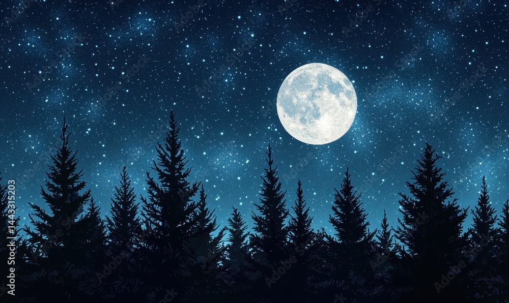 Fototapeta premium Night Sky with Full Moon Over Pine Forest and Starry Background