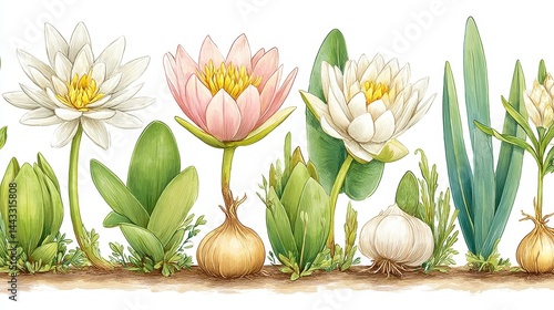 Watercolor Botanical Illustration of Water Lilies and Aquatic Plants