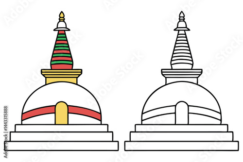 Colorful and monochrome stupa icons represent Buddhist architectural tradition with transparent background