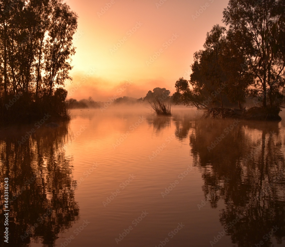 Obraz premium Tranquil Sunrise Over a Calm Lake With Trees and Morning Mist