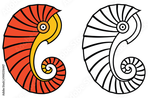 Stylized seahorse depiction shows vibrant orange tones with black outlines and yellow highlighting on transparent backdrop