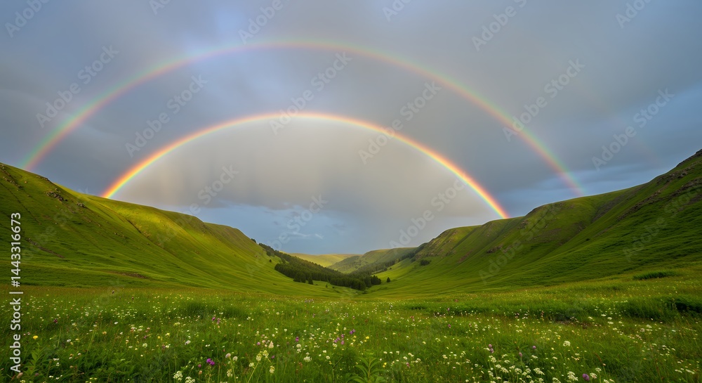 Obraz premium Rainbow Over Green Valley Landscape
