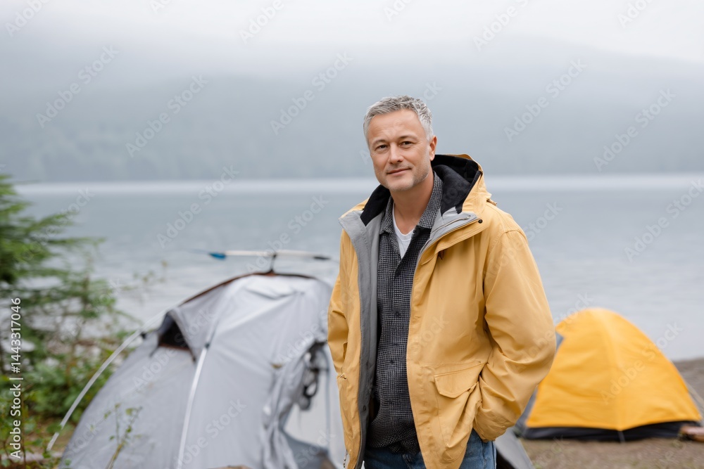 Fototapeta premium A man in a yellow jacket stands in front of a tent. He smiles and looks at the camera. The concept of travel and adventure