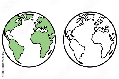 Two earth globe outlines depict land mass; one is colored green, transparent background