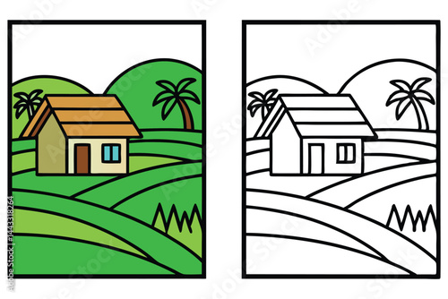 Verdant fields surround a quaint cartoon home near palm trees in this dual panel