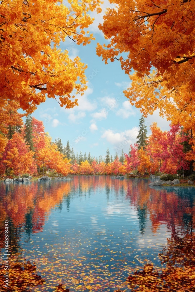Serene autumn lake reflecting vibrant foliage under a clear sky creating a tranquil and picturesque scene with colorful trees and peaceful water surface Serene autumn lake reflecting vibrant foliage under a clear sky creating a tranquil and picturesque scene with colorful trees and peaceful water surface