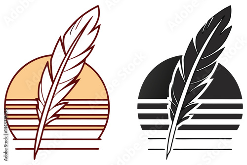 Dual shows feather with lines in light brown and black color scheme with transparent background