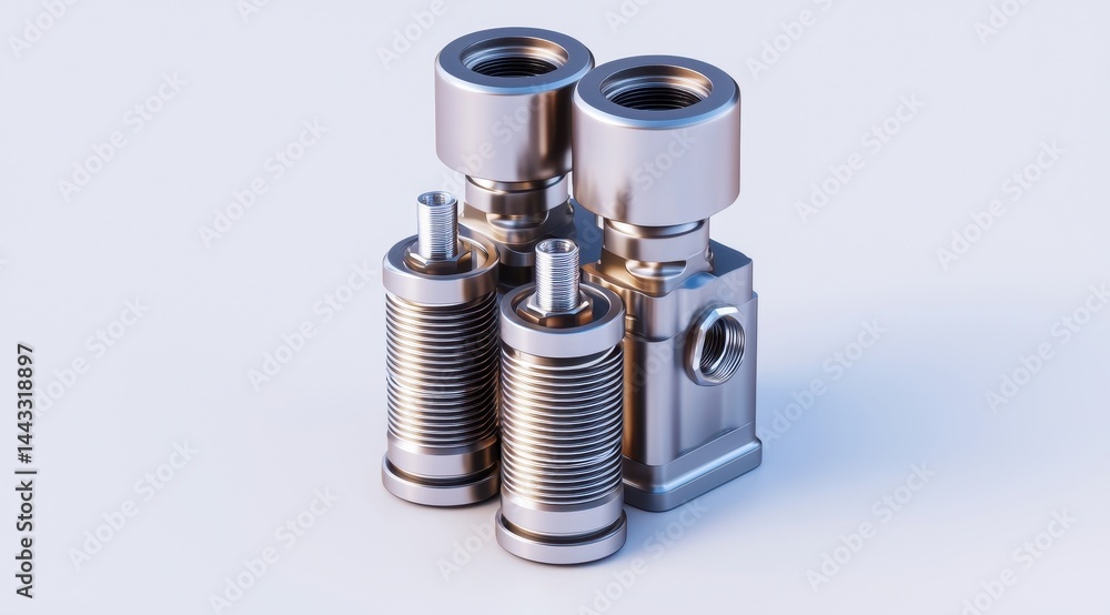 Detailed Rendering of Metallic Connectors and Fittings on White Background Detailed Rendering of Metallic Connectors and Fittings on White Background
