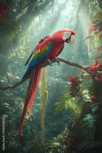 Wallpaper Mural A vibrant scarlet macaw perched on a branch, surrounded by lush greenery in a mystical rainforest. Torontodigital.ca
