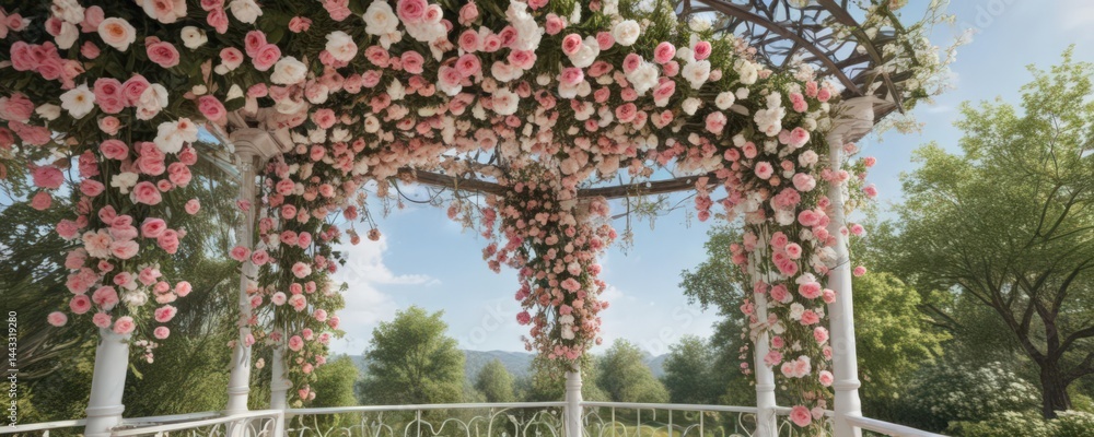 Fototapeta premium Romantic pink and white floral decorations hanging from a charming metal gazebo , gazebo, beautiful